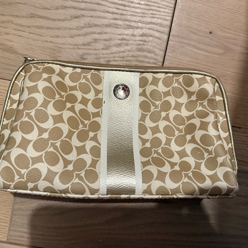 Coach Gold & Beige Signature Stripe Cosmetic Pouch